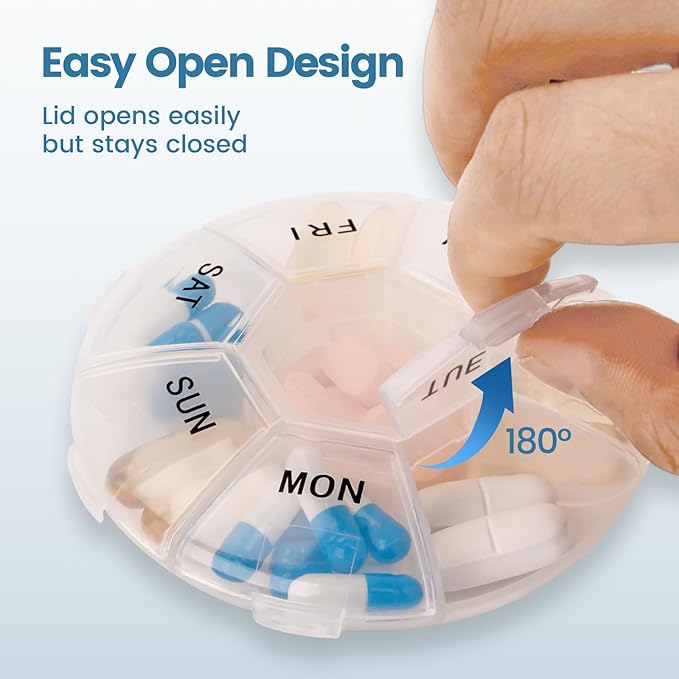 Travel Pill Organizer 7 Day, Pill Case, Vitamin Organizer, Small Daily Pill Container for Pocket Purse Medicine Organizer, White and Clear Lids
