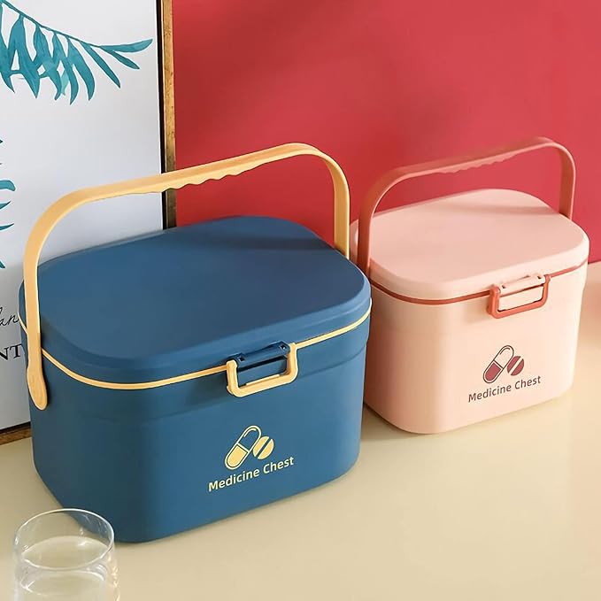 Cyrank First Aid Box, Empty Medicine Box Portable Medicine Container Organizer Storage Box 2 Layer Home First Aid Box for Home Office(Pink)