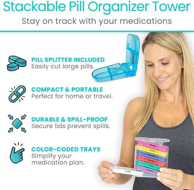 Vive Stackable Pill Organizer Tower with Pill Cutter, Splitter - 7 Days 4 Times A Day - Dispenser for Vitamins, Supplements and Medication - Weekly Stacking Pill Box Container with Travel Case