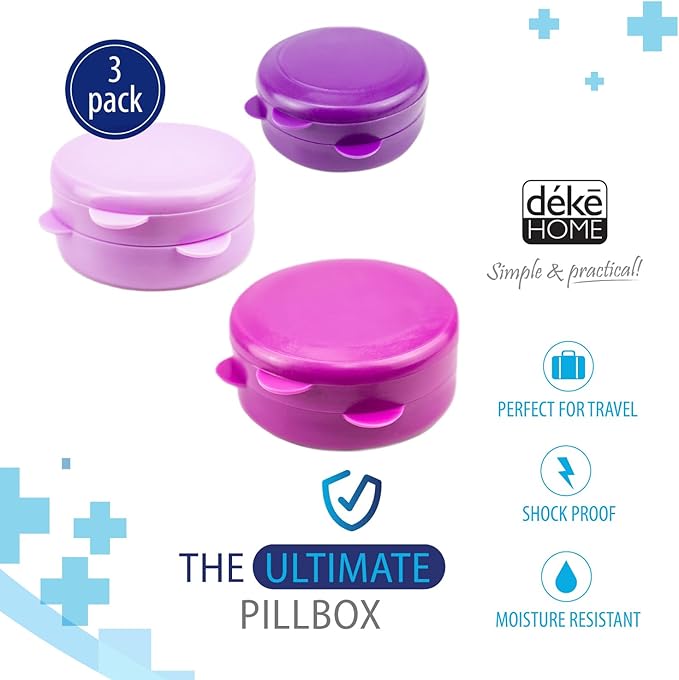 Deke Home - Pill Container Small, Round Pill Organizer, 3 Pack Single Pill Case for Medicine, Daily Mini Pill Box for Purse or Pocket, Light Storage for Travel, BPA Free (3 Colors)