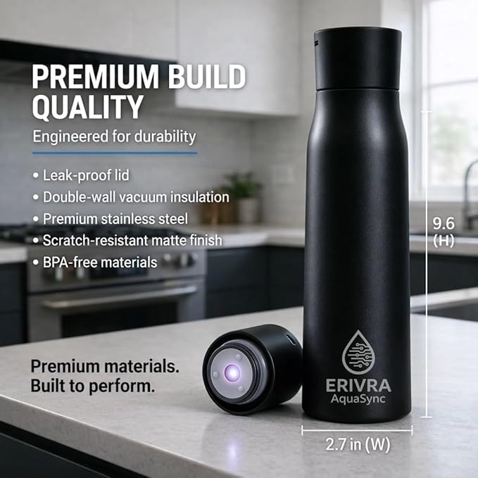 AquaSync Smart Self-Cleaning Water Bottle 17oz Vacuum Insulated Stainless Steel with UV-C Light Technology LED Temperature Display & USB-C Rechargeable Battery