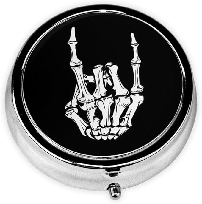 Pill Box 3 Compartment Pocket Small Pill Organizer Mini Metal Pill Holder Travel Portable for Man - Funny Skull Hand