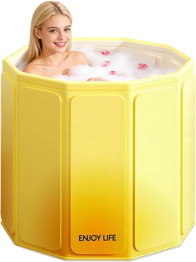 Foldable Portable Bathtub, Hot Ice Bath Tub, Shower Tub Non-Inflatable, Collapsible Bathtub SPA Soaking Tubs for Travel, Camping, Gyms, Home (Yellow)