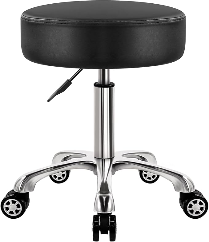 Heavy Duty Rolling Stool with Wheels 360 Swivel Adjustable Rolling Stool Hydraulic Lift Thick Leather Seat Ergonomic Chair for Kitchen Drafting Lab Office Salon Massage Black