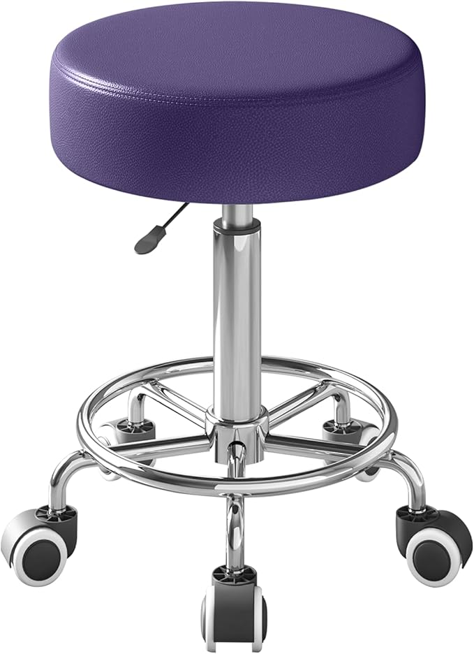 Rolling Stool, Heavy Weight Capacity 250lb, PU Leather Rolling stools, Ultra Soft Padded Seat, Rolling Stools with Wheels and Footrest, 360° Swivel, Spa Drawing Salon Work Office Tattoo Stool (Purple)