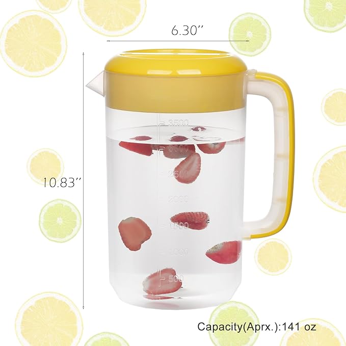 Clear 1 Gallon Pitcher With Lid - Large Plastic Ice Tea Jug for Fridge, Water and Juice Container, Sun Tea Pitcher With Spout (Yellow)