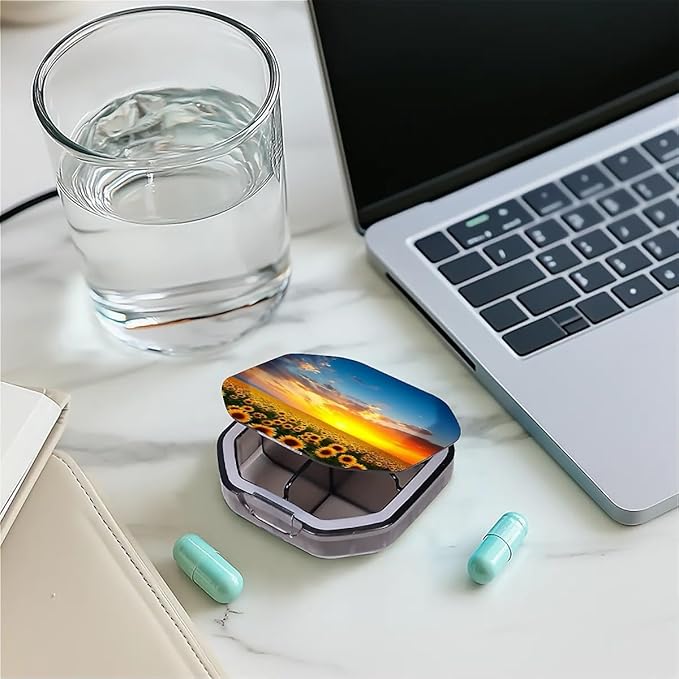 This Portable Sunflowers at Sunset Pattern 4-Compartment Pillbox Can Be Placed in A Pocket Or Wallet to Store Vitamins, Medicines Fish Oil Health Supplements Other Medications.