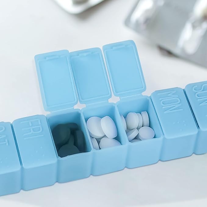 Weekly Small Pill Organizer, 7 Day Pill Case, Daily Vitamin Case Medicine Box, Pill Containers for Medicine Supplements Fish Oil(2Pcs,Blue)