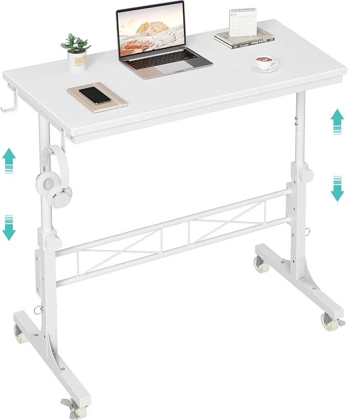 Small Portable Treadmill Walking Pad Desk on Wheels, 32 Inch White Adjustable Height Mobile Rolling Standing Teacher Desks, Couch Sofa Side Laptop Stand Up Table for Bedroom, White