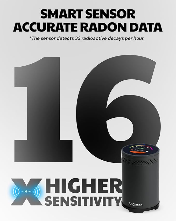 HOUND-3699 Radon Detector, 10-Minute Measurement Updates, Audible & Visual Alarm, Touchscreen Color Display, Long-Term Radon Concentration Monitoring for Home, pCi/L - Black