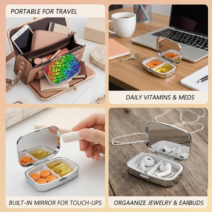 Butterfly Pill Box 2 Compartment Small Pill Case,Portable for Pocket or Purse Pill Organizer Pill Container Holder with Mirror to Hold Vitamins, Medication, Fish Oil and Supplements