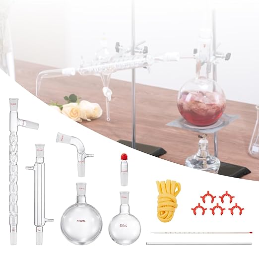 VEVOR Laboratory Distillation Set, 3.3 Borosilicate Glass Equipment with 24/40 Joint, 1000ml Capacity for Essential Oil Extraction, 14-Piece Glassware Kit