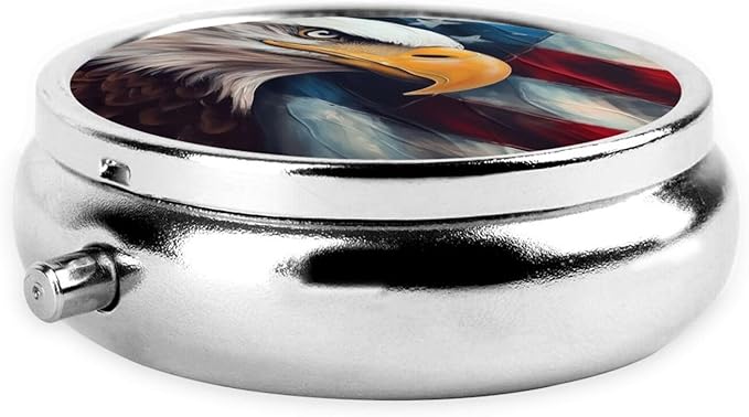 Vintage American Flag and Eagle Painting Print Round Metal Pill Box with 3 Compartment for Pocket or Purse Travel Bag Mini Small Size 2 inche