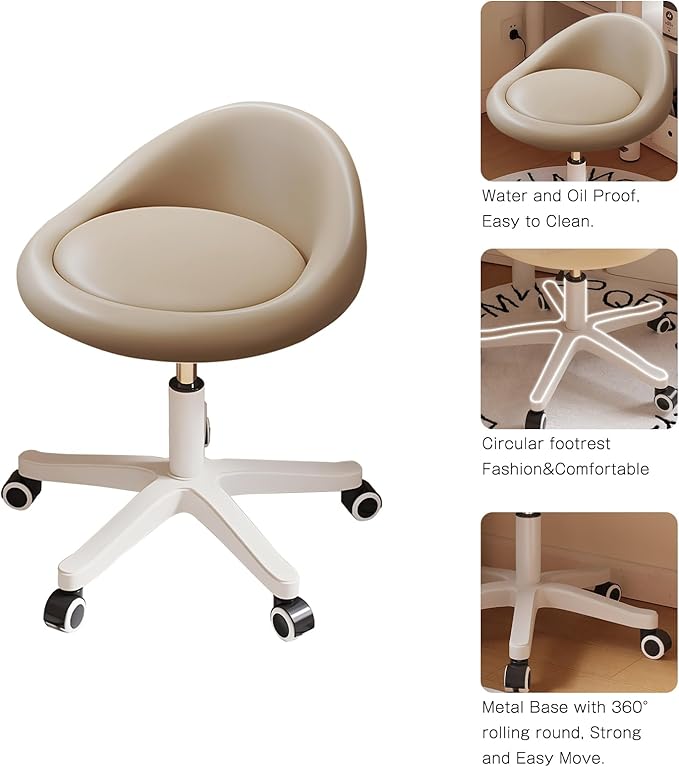 Rolling Stool Chair with Backrest, Round PU Leather Adjustable Height Hydraulic Swivel Rolling Stool for Spa Salon Tattoo Massage Doctor Dental Medical Office Khaki
