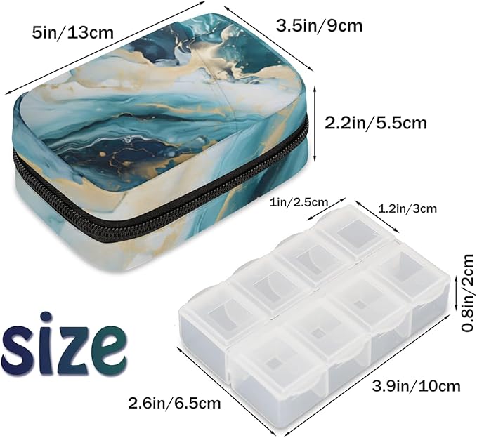 Portable Pills Organizer for Purse, Pill Cases Organizers 7 Day Medicine Travel Case, Personal Week Pill Organizer Cute Zipper Medication Bag Containers for Vitamin, Supplement (Blue Marble)