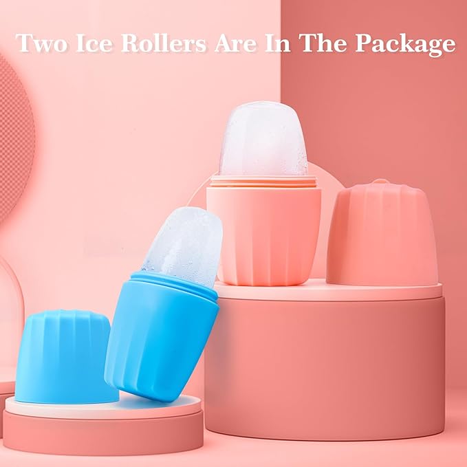 2 PACK Reusable Cube Silicone Mold Ice Roller For Face Cold Therapy Facial Massage Roller (Pink + Blue)