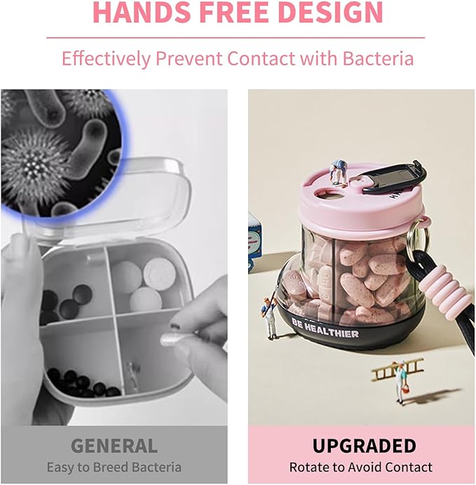 KIGI Travel Pill Organizer, Small Pill Dispenser with 4 Compartments, Portable Vitamins Organizer with Handle