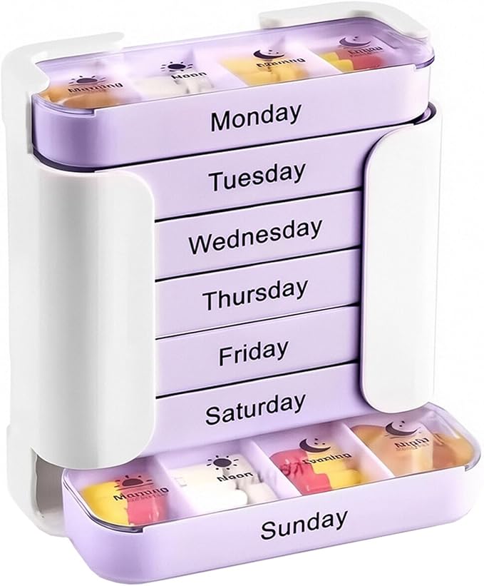 Stay on Track 7-Day Medication Organizer - for Effortless Health Management, Large Weekly Pill Organizer with 4 Times a Day Compartments, Stackable Pill Organizer for Vitamins & Supplements (Purple)