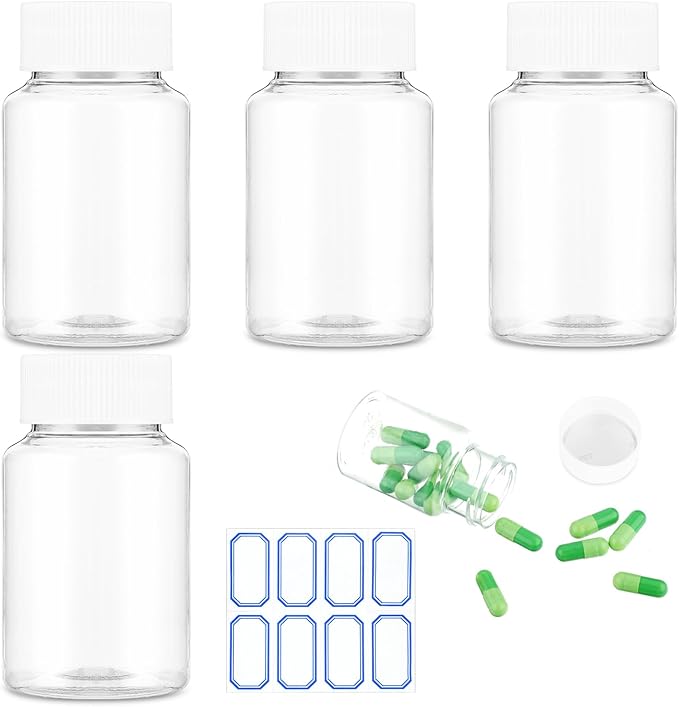 4Pcs Clear Pill Bottle, 100ml Empty Plastic Medicine Container With Caps for Liquid Solid Powder, Chemical Reagent Storage