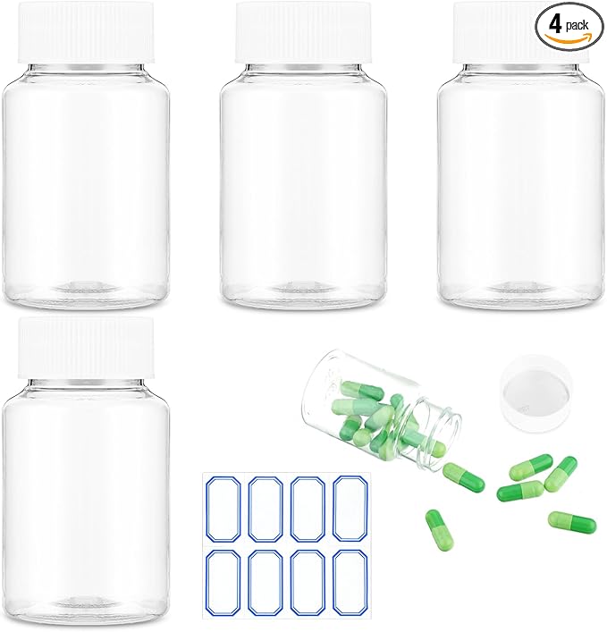 30ml Empty Clear Plastic Pill Bottles 4Pcs Clear Pill Bottle Medicine Bottle Empty Reagent Bottle Chemical Containers with Caps for Liquid Solid Powder