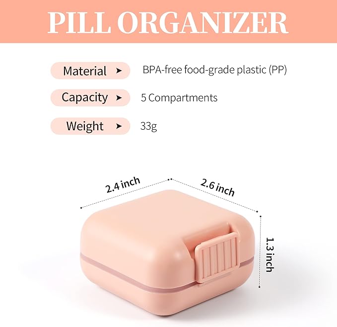 Dynippy Daily Pill Organizer 5 Compartments Portable Moisture Proof Small Pill Case for Pocket Purse Travel Pill Box Portable Medicine Vitamin Fish Oil Holder Container (Pink)