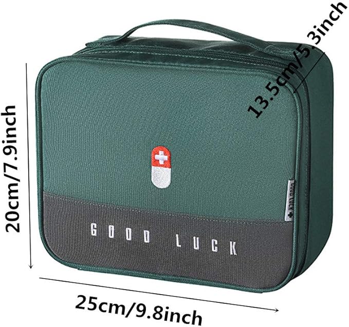 First Aid Kit Bag Empty Travel Medication Pouch Big Zippered Oxford Medical Survival Kit Carrier Handy Medicine Pills Drugs Package Organizer with 5 Pocket+1 Main Holder-9.8x7.9x5.3Inch (Green-L)