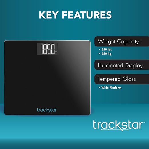 Trackstar Wide-Platform Black Digital Weight Scale | 550 lb Weight Capacity | Trackstar Monitoring App | Bluetooth iOS & Android Compatible | Measure, Track, and Share Results