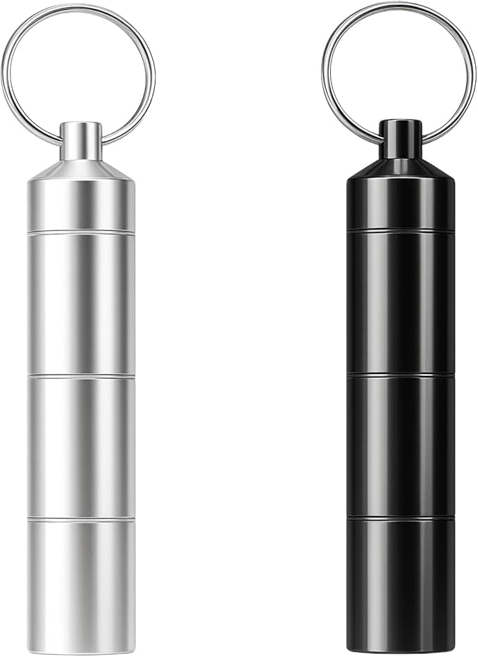 Aluminum Alloy Travel Pill Case with Keychain, 3 Compartments Portable Waterproof Pill Holder, 2 Pack
