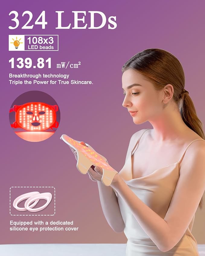 Red Light Therapy Mask for Face,3 Modes Led Contour Face Mask,Near-Infrared 850 Led Light Mask(NIR),Portable,Rechargeable and Remote, Pink