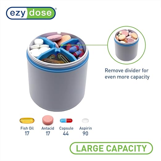 EZY DOSE Mini Vitamin Organizer, Multi Compartments, Portable and Compact Design, Easy Access Sliding Pill Dispenser, Supplement Organizer with Anti-Mix Design, Travel Friendly, Large, White and Blue