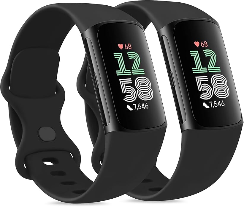 2 Pack Bands for Fitbit Charge 6 Bands Women Men, Classic Soft Straps Replacement Sport Wristbands for Fitbit Charge 5 Fitness & Health Tracker