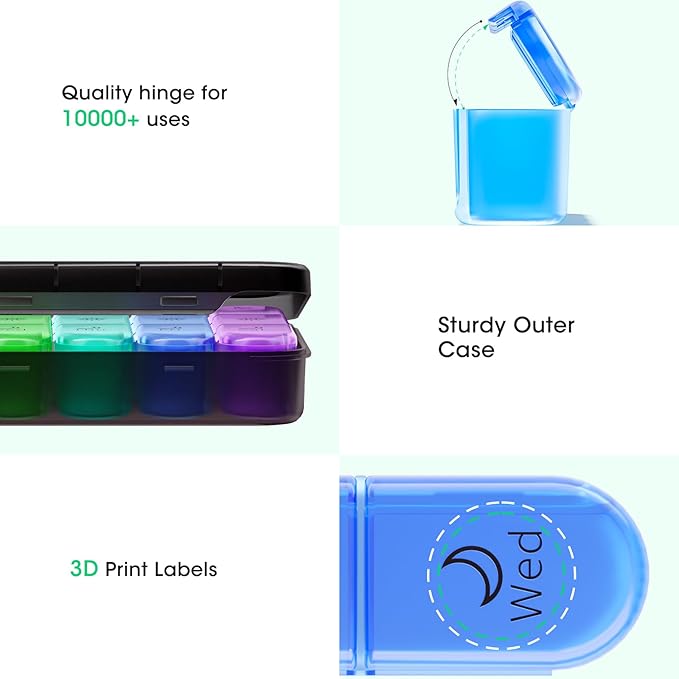 3 Times a Day Pill Organizer - 7 Day Portable Weekly Pill Box, Travel Pill Case with Snap-Locked Compartments, BPA-Free for Vitamins & Medication(Black)