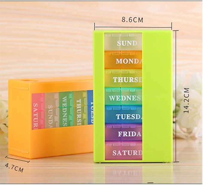 7 Day Weekly AM PM Pill Case Organizer, Travel 21 Compartment Meds Capsules Reminder, Large Daily Medicine Dispenser Planner for Vitamin, Fish Oil, Supplement, Medication, with Green Tray