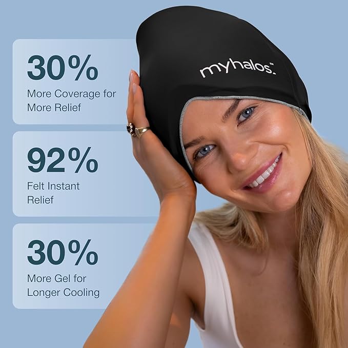 MyHalos® Migraine Relief Cap, 30% Thicker, 2X More Cooling Gel, Stays Colder for Longer, Form Fitting Ice Hat, Ice Pack Head Wrap Relief, Tension Headache Relief Cap (Black - Pack of 2)