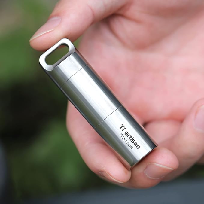Keychain Pill Holder Titanium Waterproof, Portable Pill Container Outdoor EDC Pill Case, Metal Travel Pill Box Medicine Storage, Discreet Pill Carrier with 2 Compartment, BPA Free