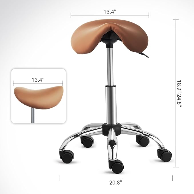OmySalon Adjustable Saddle Stool with Footrest, Hydraulic Rolling Salon Chair, 360° Swivel Wheels Ergonomic Stool for Hair Stylists, Tattoo Artists, Office, Spa, Massage, Dental (Brown)