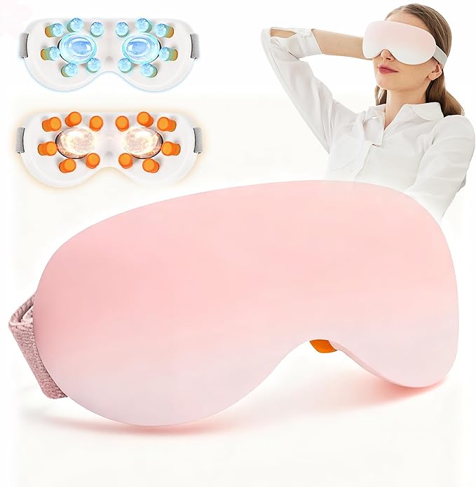 Eye Massager with Heat and Cooling for Migraines – 14 Massage Nodes for Eye Strain Relief, Rechargeable Bluetooth Music, Improve Sleep,Eye Strain Relief, Birthday Gifts for Women and Men(Pink)