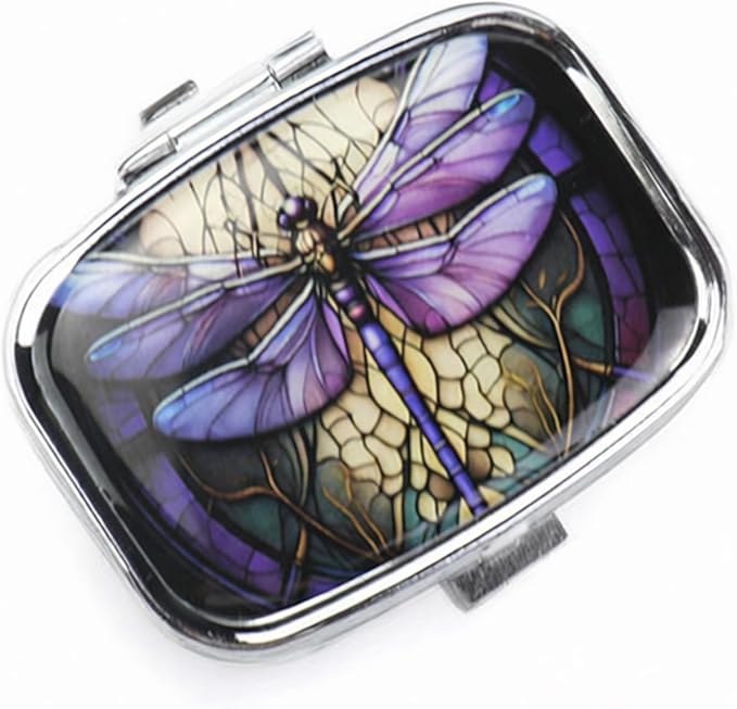 WATASSA Pill Box with Animal Style Mirror All-in-One 2-Compartment Portable Medicine Organizer, Marble Pattern Travel Pill Case for Vitamins&Daily Medication(Fits Pocket/Purse) (Violet Dragonfly)