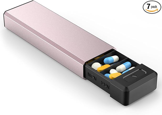 HEIYING Pill Organizer with Aluminum Shell for One Week Capacity, Portable 7 Compartments Pill Box Container to Hold Vitamin, Medicine, Supplements