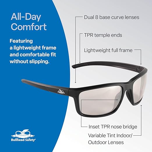 Bullhead Safety Eyewear Pompano Glasses - Anti-Fog, Lightweight, Impact/Scratch Resistant, UV Blocking Indoor/Outdoor Sunglasses for Cycling, Fishing, Driving, Matte Black