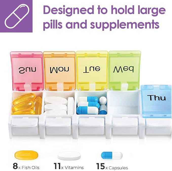 Weekly Pill Organizer Arthritis Friendly Pill Box 7 Day with Easy Push Buttons BPA Free Perfect for Travel with Medicine for Fish Oil Pill and Vitamin Supplements