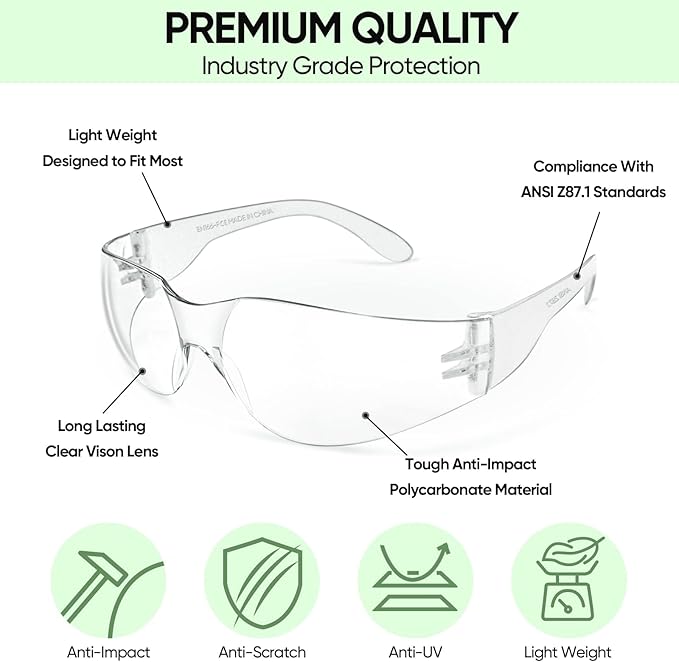 TICONN Clear Safety Glasses for Men and Women, Safety Goggles with Scratch Impact Resistant Meets ANSI Z87.1 Standard