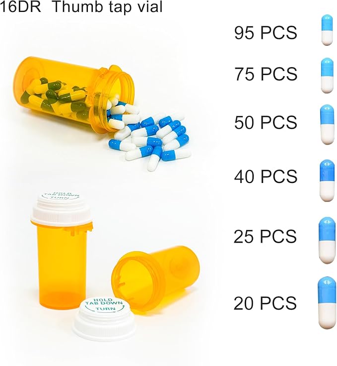 Prescription Reversible Thumb Tab Vials,Pill Bottles with Child Resistant Cap,Empty Medicine Bottles with Caps,Medicine Container for Personal Medication & Pharmacy.(16dram,12pcs)