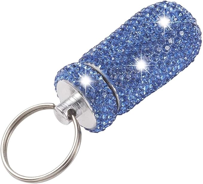 XhuangTech Waterproof Keychain Pill Box Bling Round Medicine Organizer Holder Container Aluminum Portable Mini Bottle Storage Case for Outdoor Travel Camping Purse Pocket (Light Blue)
