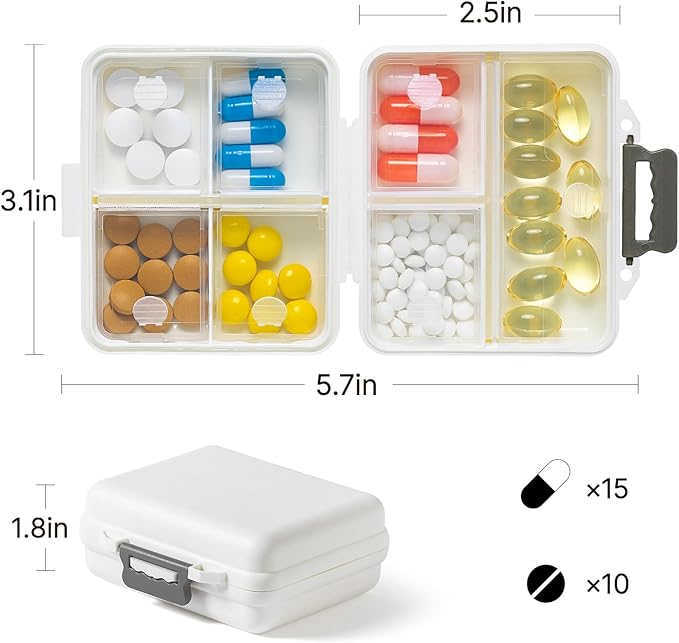 1 Pack Travel Pill Organizer,Portable Daily Pill Box,7 Grid Compartments Weekly Pill Case with Lables,Mini Medicine Organizer Box,Compact Pocket Pharmacy for Purse Vitamin Fish Oil Container (White)