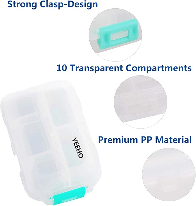 Pill Case - Portable Supplements Tablet Container Box with 10 Compartments - Medicine Capsule Vitamin Foldable Organizer Dispenser Holder Storage for Travel Trip Pocket Purse - Clear White