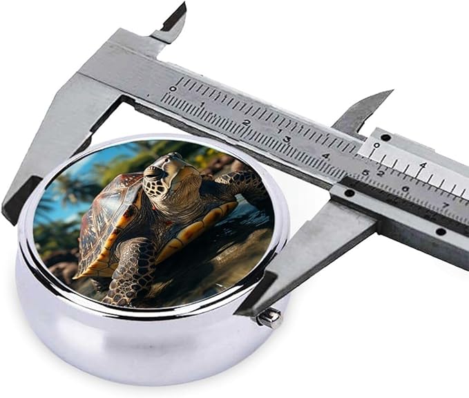 Big Turtle and Palm Trees Print Pill Box Round 3 Compartment Pill Case Portable Travel Pill Organizer Mini Medicine Storage Box for Pocket Purse Metal Decorative Pill Holder for Daily Medicine