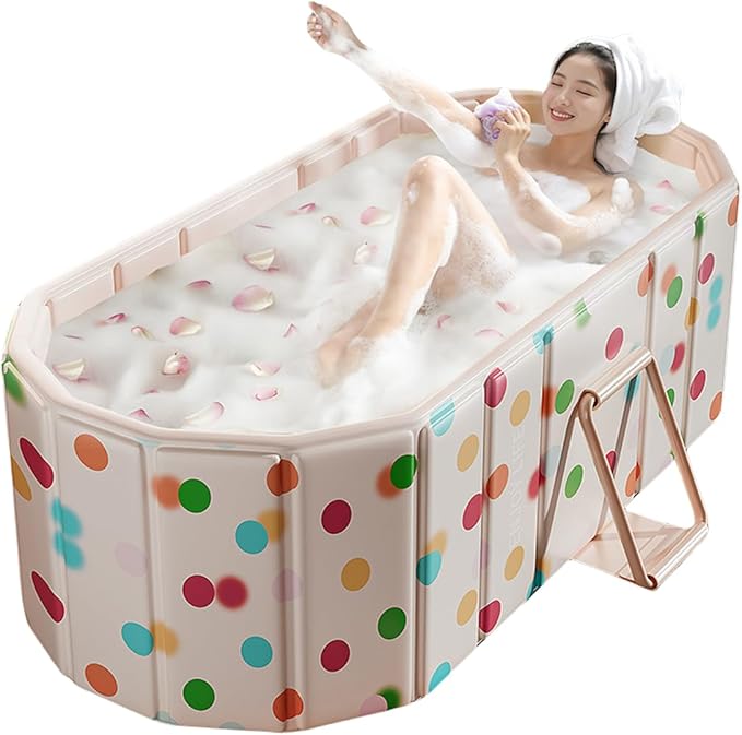 Foldable Bathtub for Adult Large 47'in Collapsible tub Portable Bathtub for Bathroom Folding SPA Tub for Shower Stall, Ideal for Small Spaces (Polka dot, XL: 47"L x 33.8"W x 19.5"H)