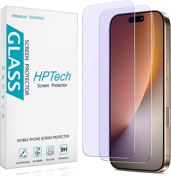 HPTech 2 Pack Anti Blue Light Screen Protector for iPhone 16 Pro Max 6.9 Inch Eye Protection Tempered Glass Film, Easy to Install, Bubble Free