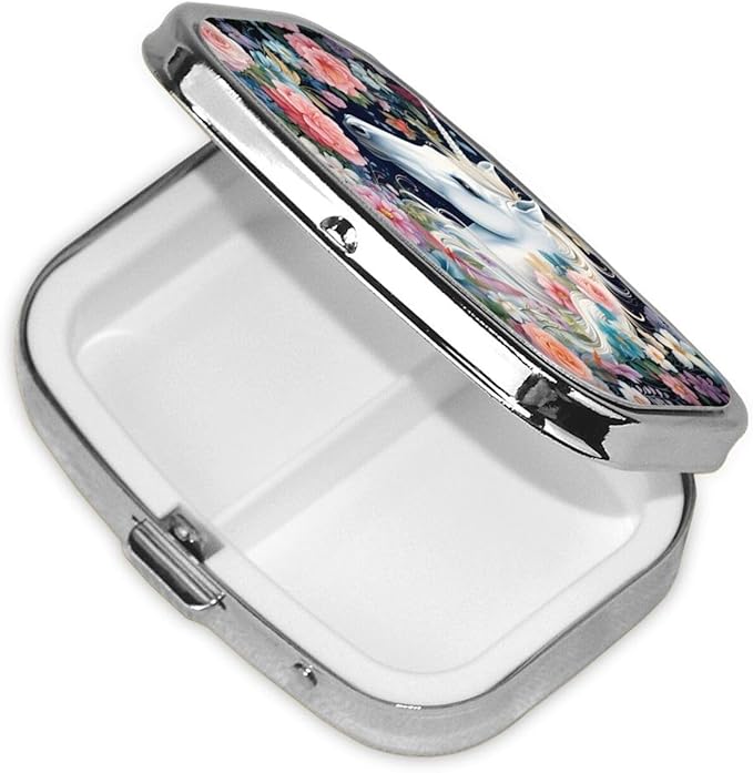 Unicorn Flower Pattern Pill Box with Mirror 2 Compartment Metal Square Small Pill Case for Purse Pocket Portable Pill Container Holder Travel Medicine Organizer for Vitamin Fish Oil Supplement